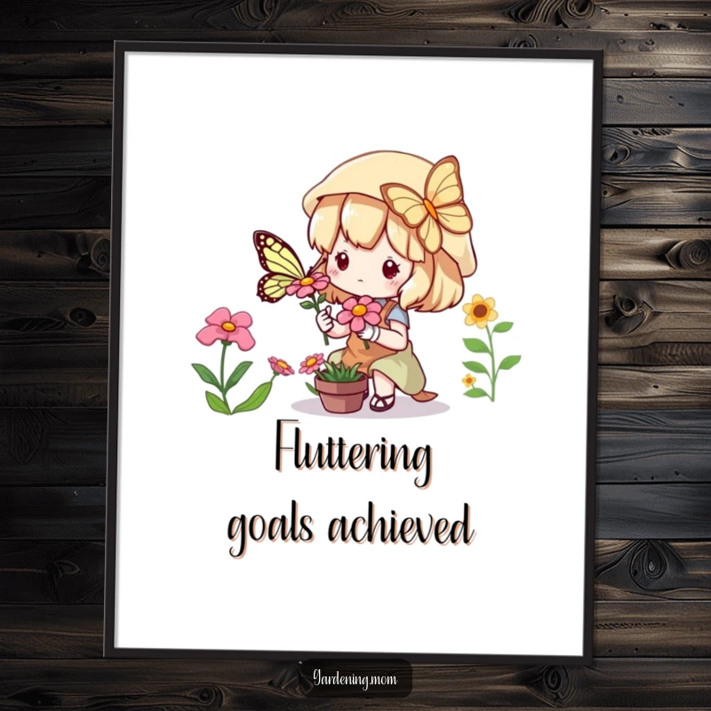 Funny Poster: Cute kawaii gardening character looking with wonder at a butterfly on a colorful flower.