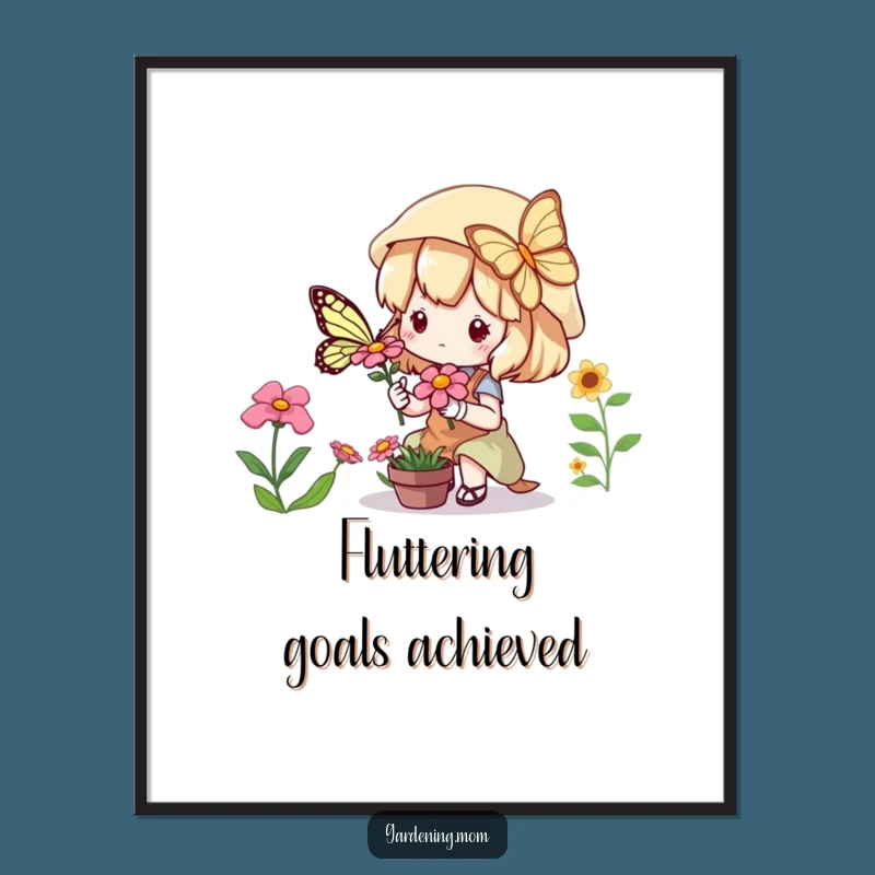 Funny Kawaii Gardener Poster: Cute Character Butterfly Wall Art Gift