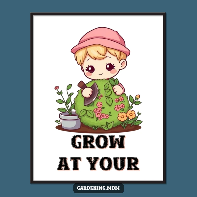 Funny Kawaii Gardener Poster: Gentle Pruning Focus - Whimsical Garden Art
