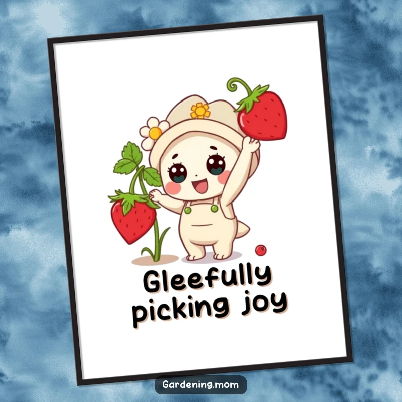 Funny Poster: A cute kawaii gardening character reaching with glee for a ripe strawberry on a plant.