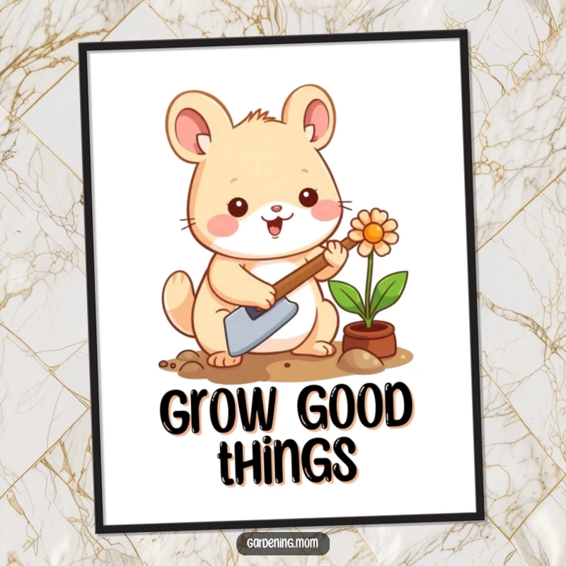 Funny Kawaii Gardening Animal Poster: A charming illustration of a happy animal planting a flower with a trowel, adding color and humor.