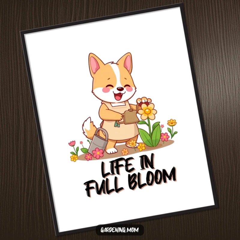 Funny Mama Dog Gardener Poster: A mama dog in an apron enthusiastically waters a vibrant flower, symbolizing care and growth.
