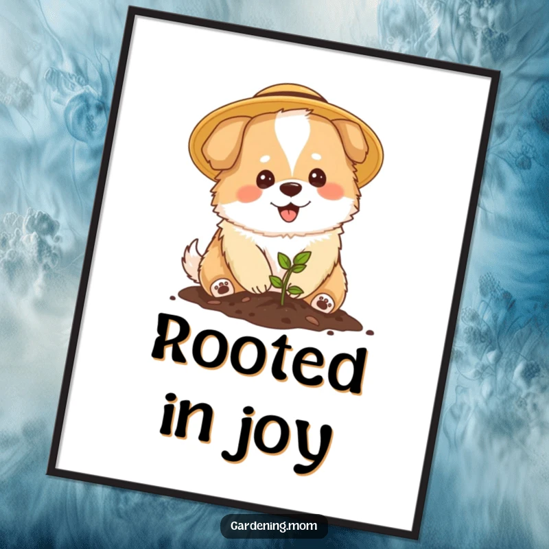 Funny Mama Dog Gardener Poster: A fluffy mama dog in a sun hat happily plants a tiny seedling, symbolizing growth.