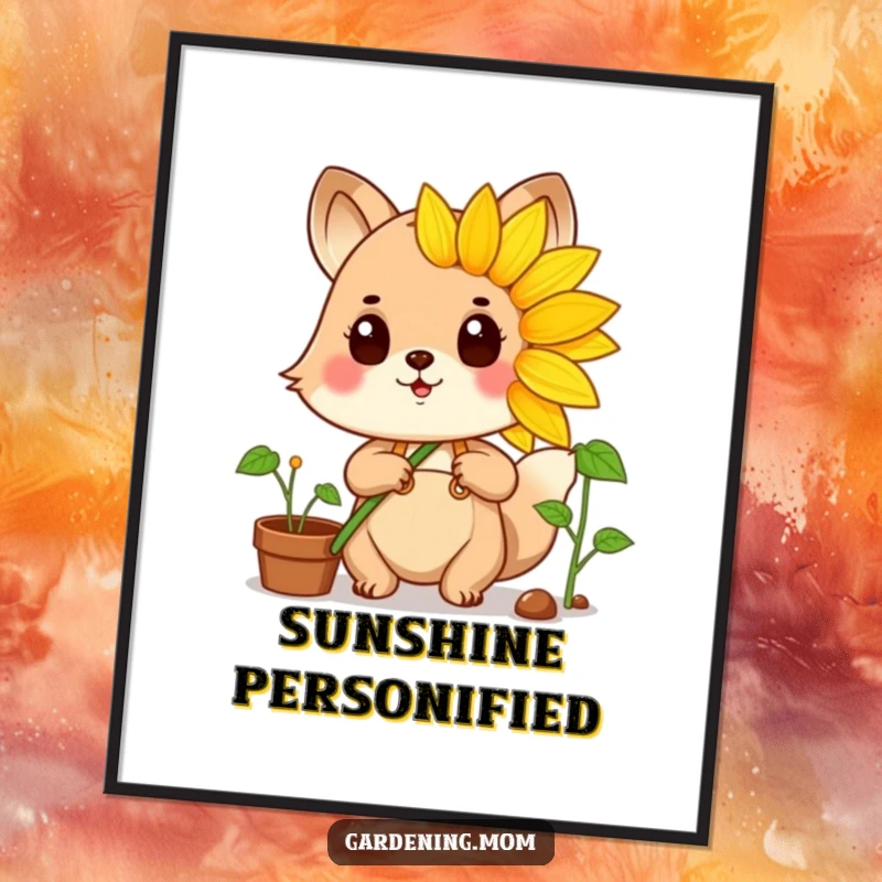 Funny gardening animal character proudly holding a beautifully vibrant sunflower, symbolizing a successful harvest.