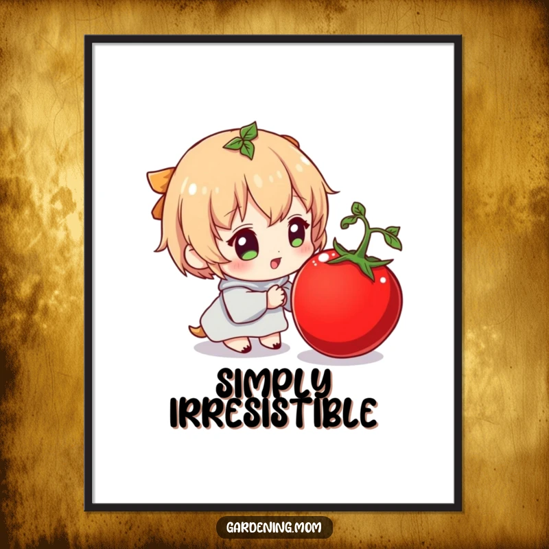 Funny poster art of a character looking with extreme delight at a large, ripe tomato, a humorous piece for any wall.