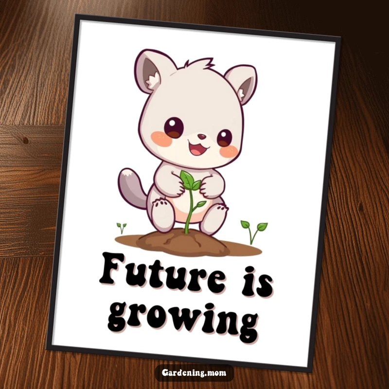 Funny poster of a cheerful gardening animal character planting a tiny seed, symbolizing hope and new beginnings.