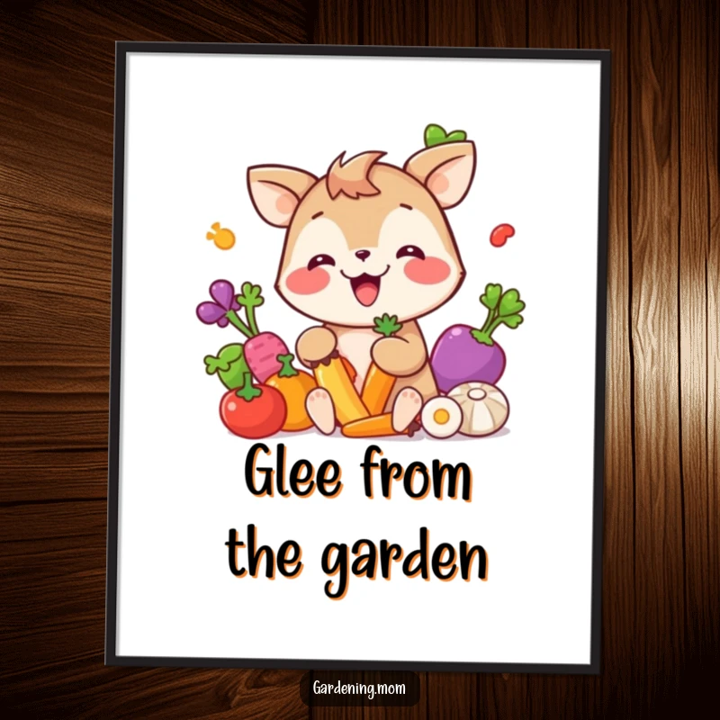 Funny Poster: A giggling animal character gleefully picking colorful vegetables, radiating pure garden happiness.