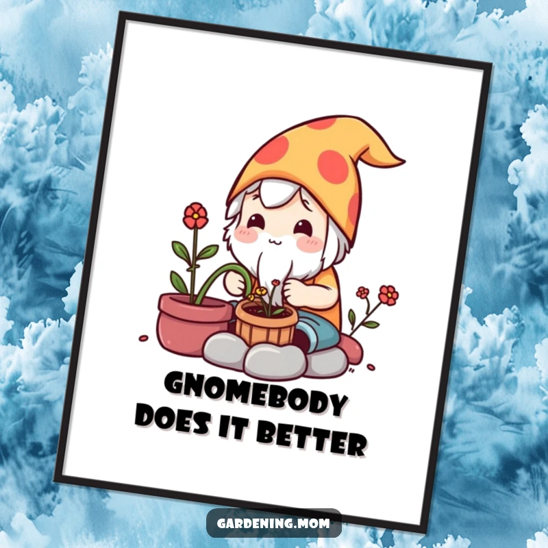 Funny Poster: A cute kawaii gardening character carefully crafts a small, adorable garden gnome.