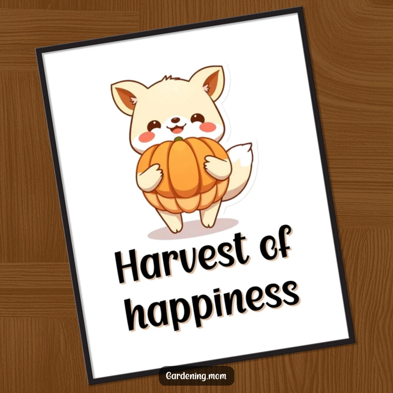 Funny Poster: Delighted animal character enthusiastically presenting a large, perfectly round harvested pumpkin, embodying pure fall season happiness.