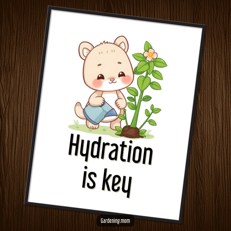 Funny poster showcasing a cheerful gardening mom animal watering a vibrant, growing plant, adding humor and nature to home decor.