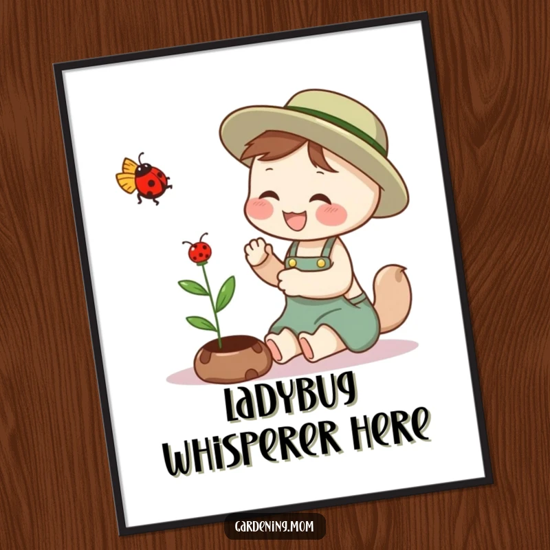 Funny gardening mom animal poster art shows an animal mom giggling with joy while gently petting a ladybug that is flying near.