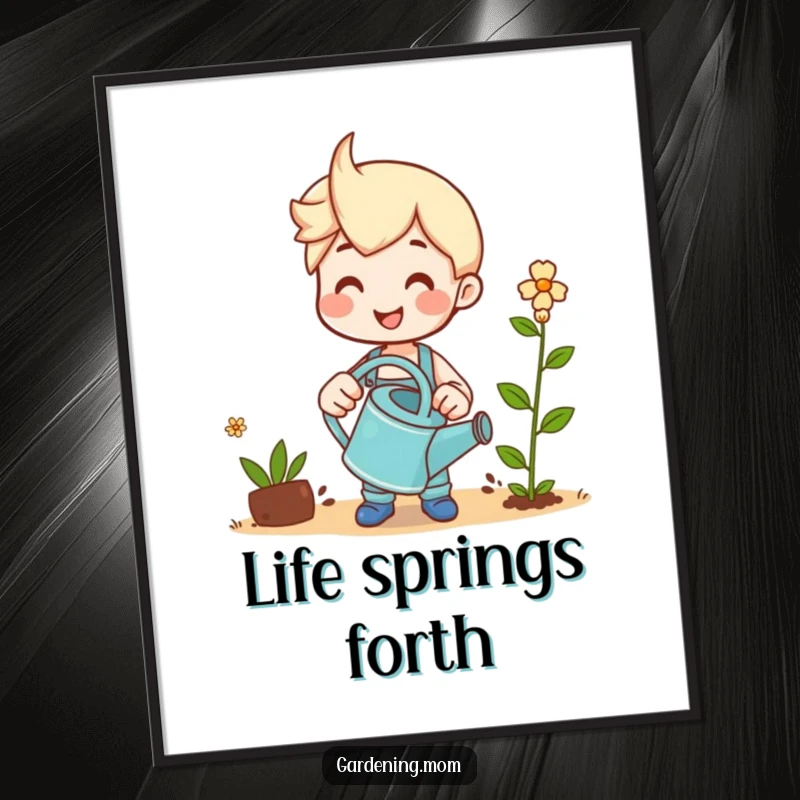 Funny poster print of a smiling gardener holding a watering can, attentively watching a sprout grow.