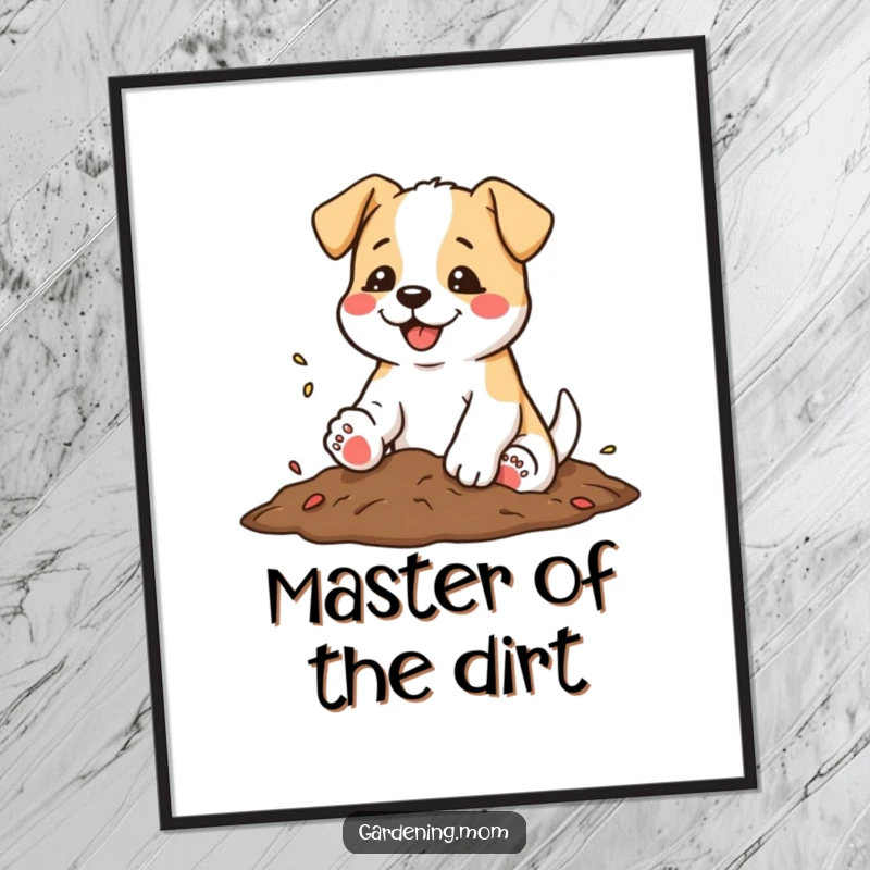 Funny poster of a dog shaking soil from its paws with a satisfied wag, capturing the joy of gardening.