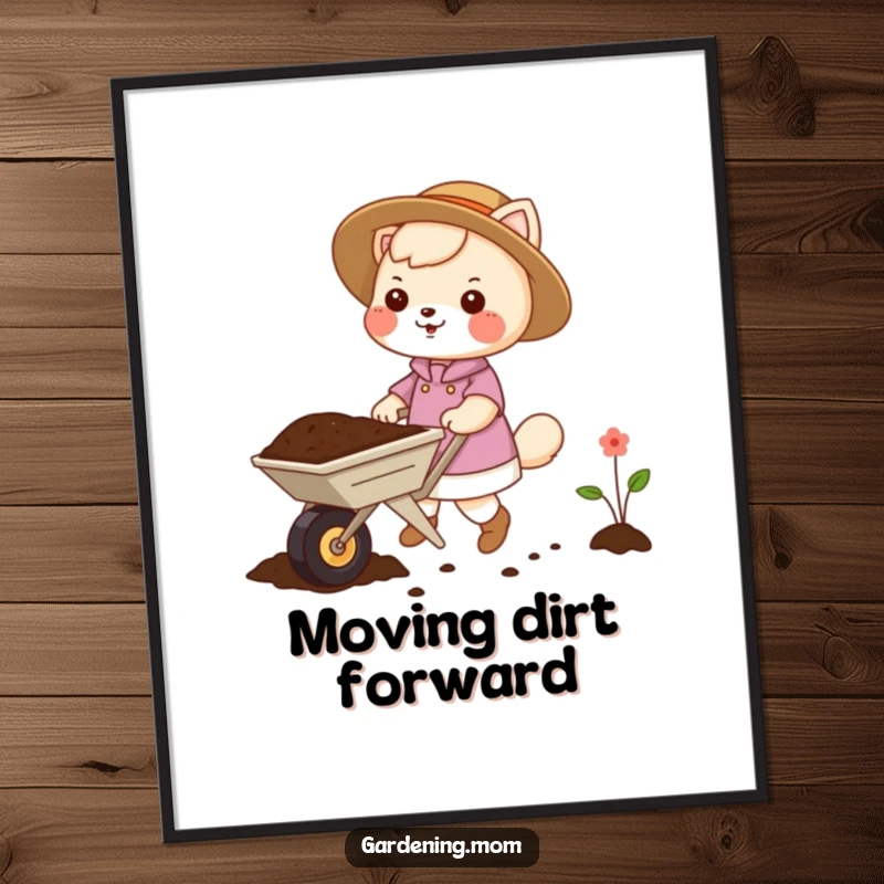 Funny gardening mom animal poster art shows an animal mom pushing a small wheelbarrow loaded with soil, ready for planting.