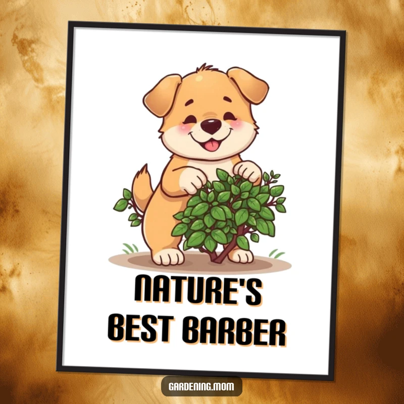 Funny poster of a determined dog cheerfully pruning a small bush, bringing a dose of garden humor to any room.