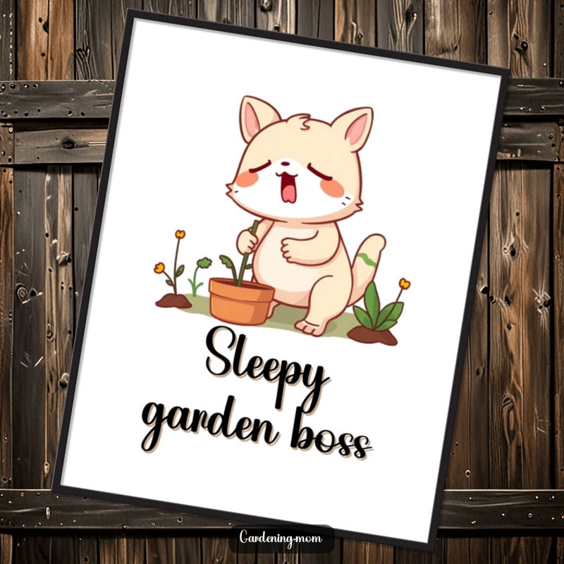 Funny gardening animal yawning with great effort while tackling stubborn weeds, a humorous depiction of garden dedication.