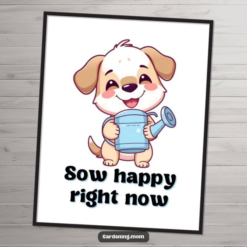Funny mama dog poster with a smiling face, holding a watering can, exuding happiness and a love for gardening.