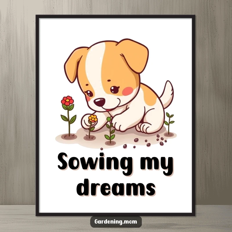 Funny dog carefully planting seeds with small, focused paws, dedicated gardener art, humorous wall decor, funny gift.