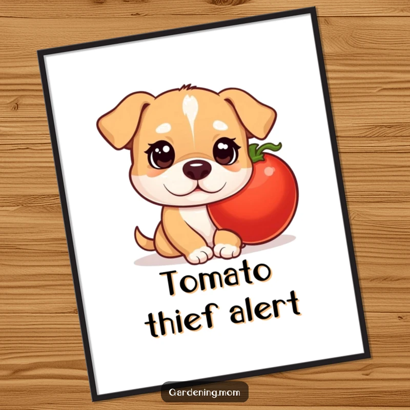Funny mama dog poster with bright, curious eyes peeking from behind a plump tomato, showcasing a playful garden theme.