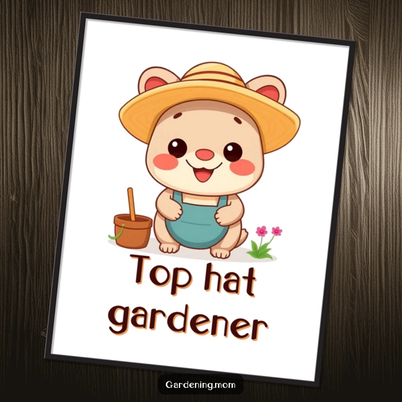 Funny Kawaii Gardening Animal Poster: Artwork of a happy animal in a straw hat, grinning with pride after a successful gardening session.
