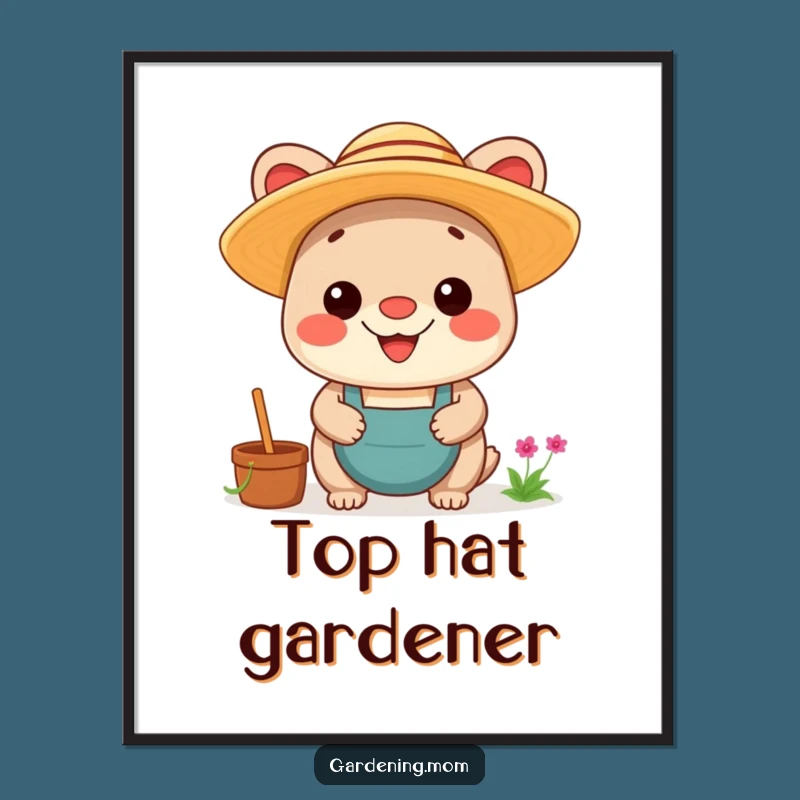 Funny Kawaii Gardening Animal Poster: Proud Grin Art, Cheerful Wall Decor