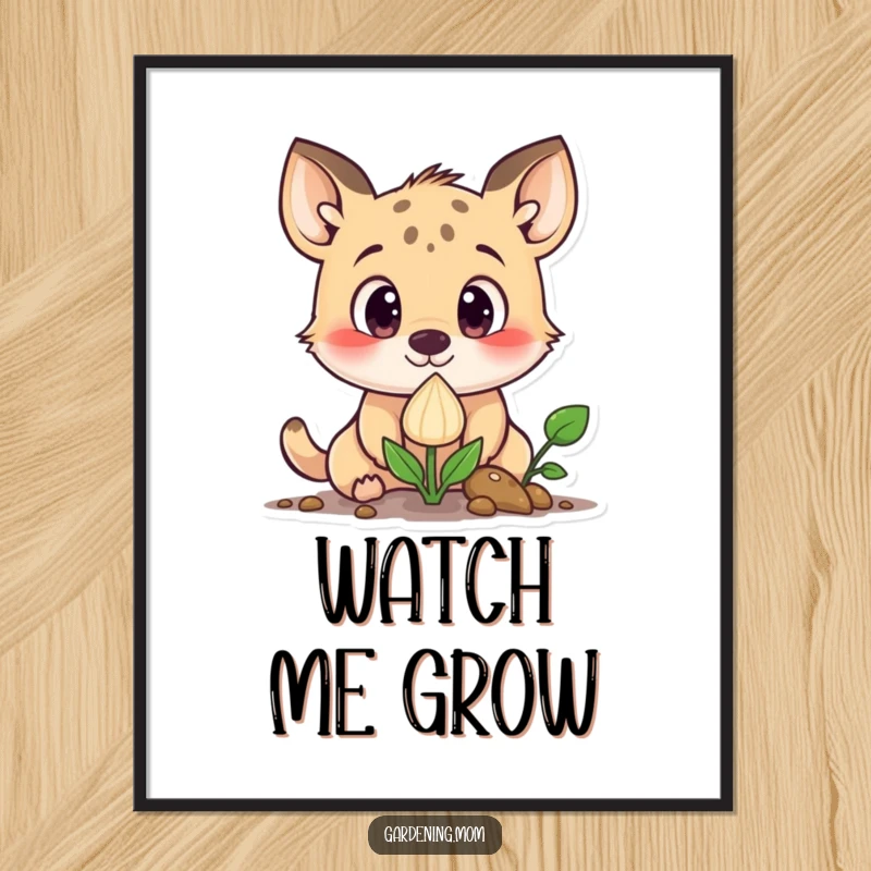 Funny curious animal character with wide eyes looking at a sprouting seed, as wall art on a poster.