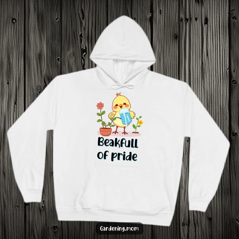 Funny hoodie featuring a proud little bird watering plants with a beak full of water, celebrating growth.