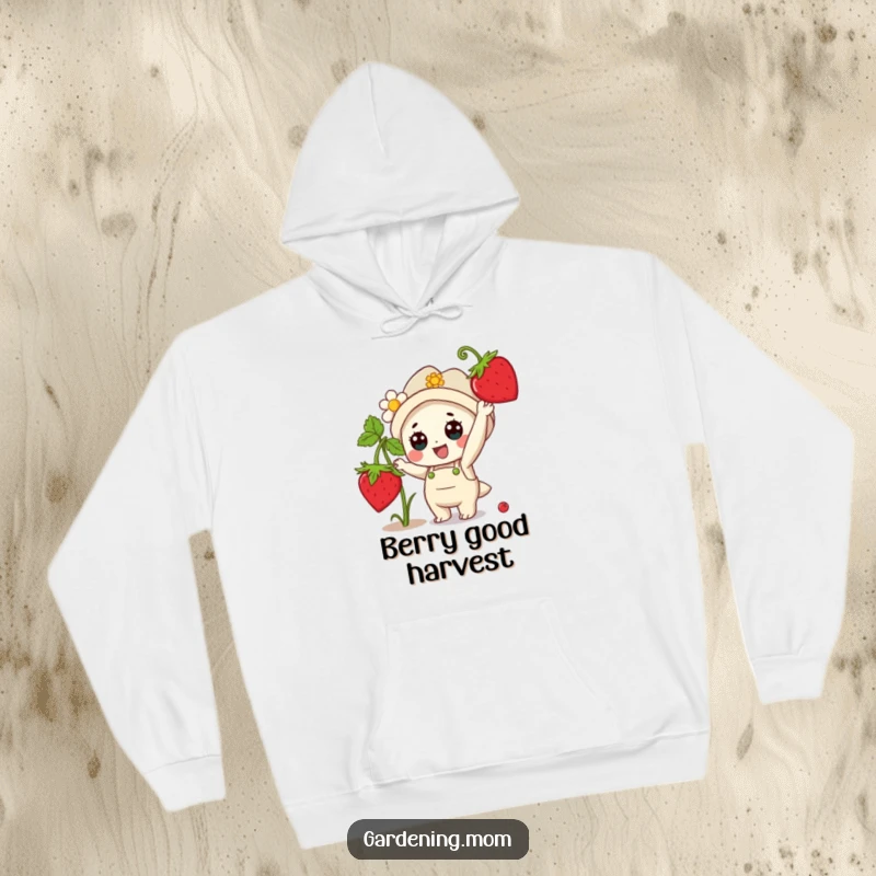 Funny Hoodie: An adorable kawaii gardening character eagerly reaches for a plump, red strawberry with pure delight.