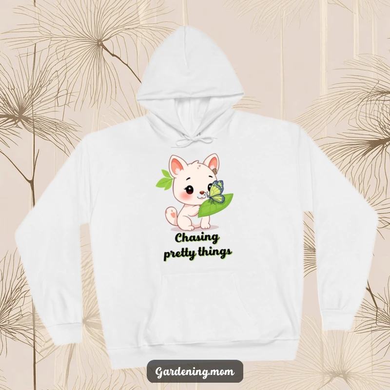 Funny Hoodie: An animal character admiring a bright butterfly on a leaf, radiating a sense of calm and wonder.