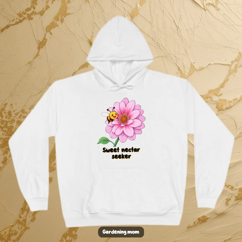 Funny hoodie depicting a happy bee buzzing with delight around a massive, blooming flower, celebrating nature's beauty.