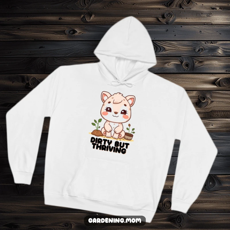 Funny gardening mom animal hoodie graphic: a beaming animal mom sporting adorable dirt smudges, embodying the joy of gardening.