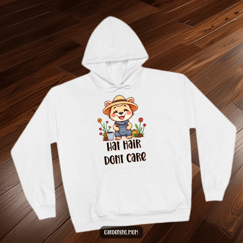 Funny hoodie with a sweet gardening mom animal wearing a straw hat and a big smile, embodying warmth and joy.