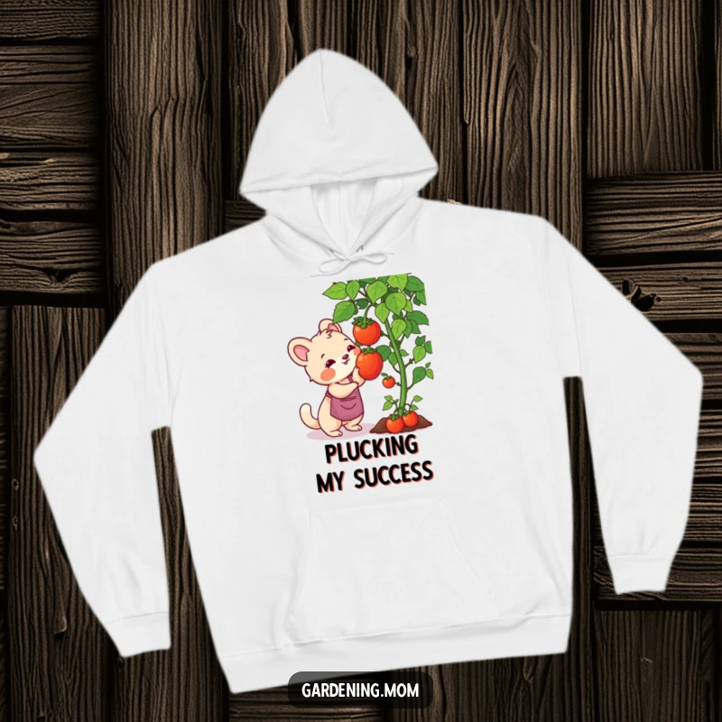 Funny gardening mom animal hoodie graphic: an animal mom reaching for a perfectly ripe tomato on the vine, ready to harvest.