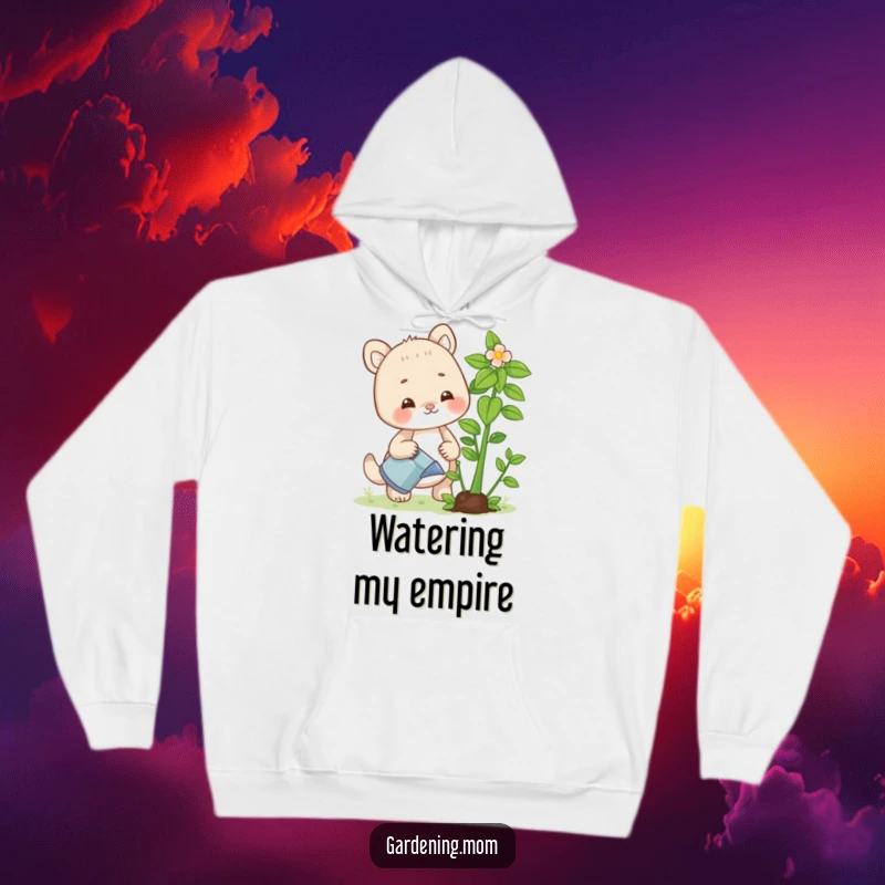 Funny hoodie with a sweet gardening mom animal watering a vibrant plant, perfect for cozy conversations about gardening.