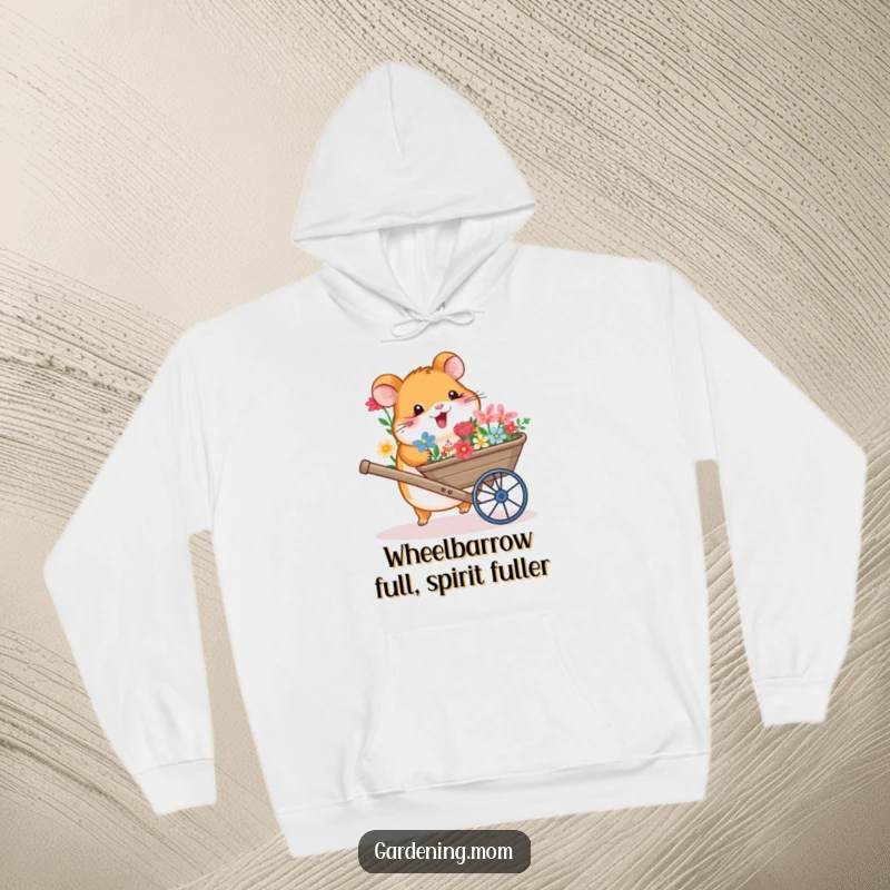 Funny hoodie showcasing a grinning hamster with a wheelbarrow full of bright, colorful flowers, perfect for garden enthusiasts.