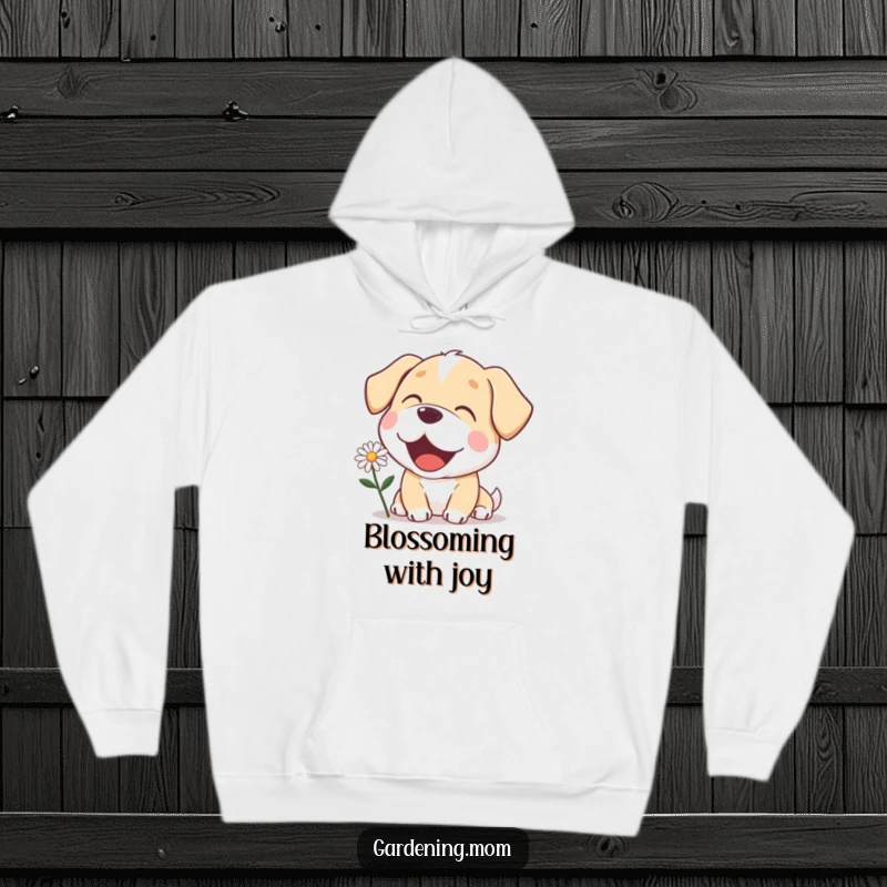 Funny mama dog hoodie with a delighted expression, admiring a blooming daisy, embodying peace and simple pleasures.