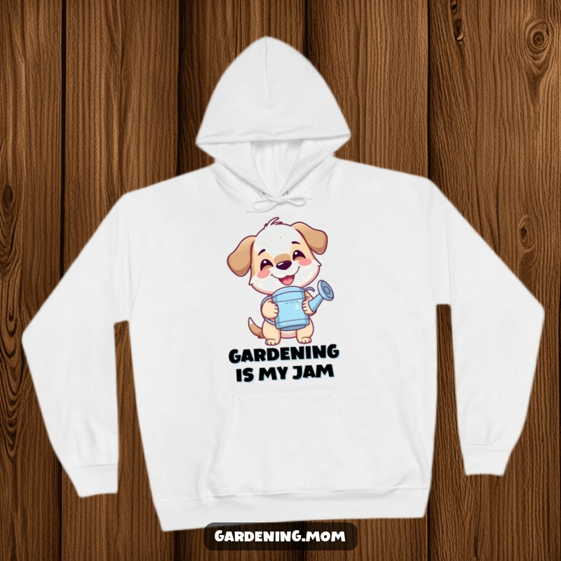 Funny mama dog hoodie featuring a smiling pup holding a watering can, radiating pure joy and garden enthusiasm.