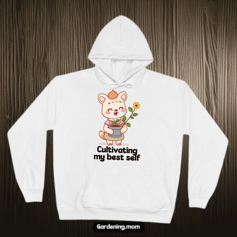 Funny hoodie featuring a cheerful gardening mom animal character holding a sprout, perfect for cozy garden days and warm hugs.