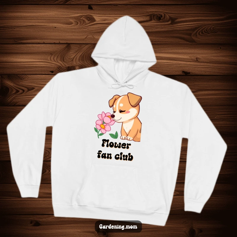 Funny dog admiring a blooming flower with pure delight, a cozy and humorous hoodie for joy-seekers, funny gift.