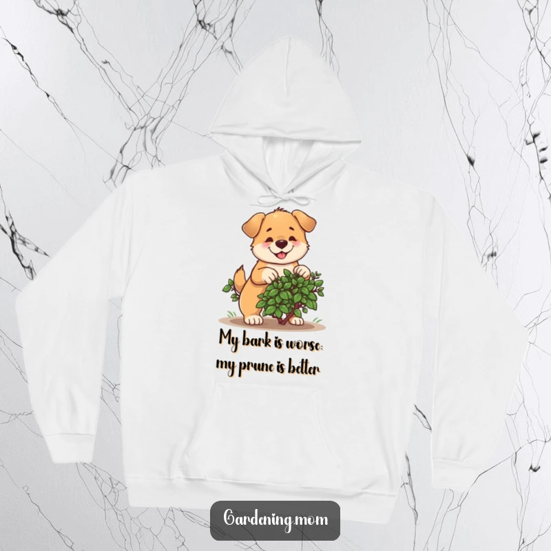 Funny hoodie depicting a determined dog cheerfully pruning a bush with gardening tools, radiating happy vibes.