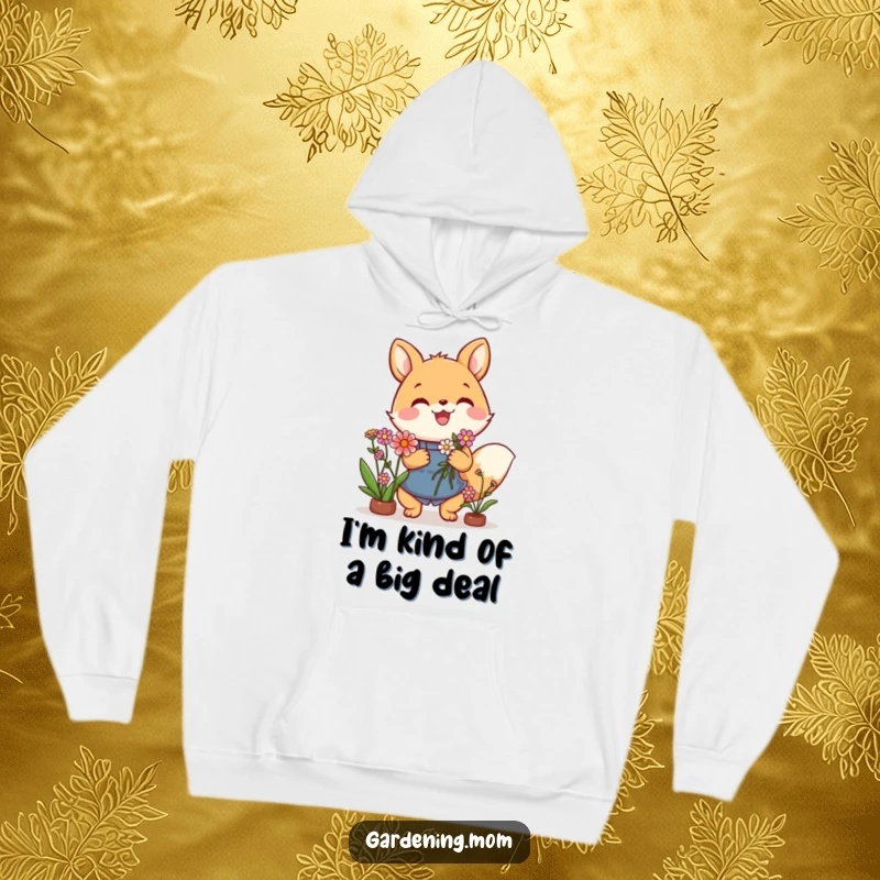 Funny hoodie with a delightful gardening animal character holding a beautiful flower bouquet, perfect for cozy garden enthusiasts.