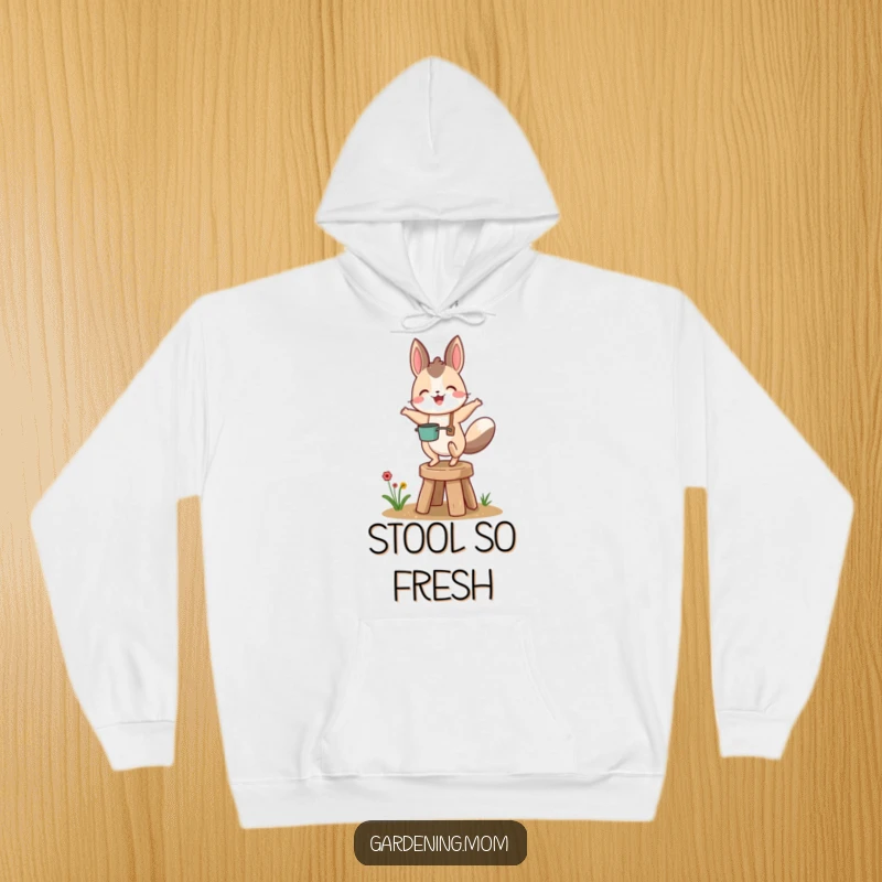 Funny gardening animal character energetically bouncing on a small garden stool, bringing cheer to any cool gardening day.