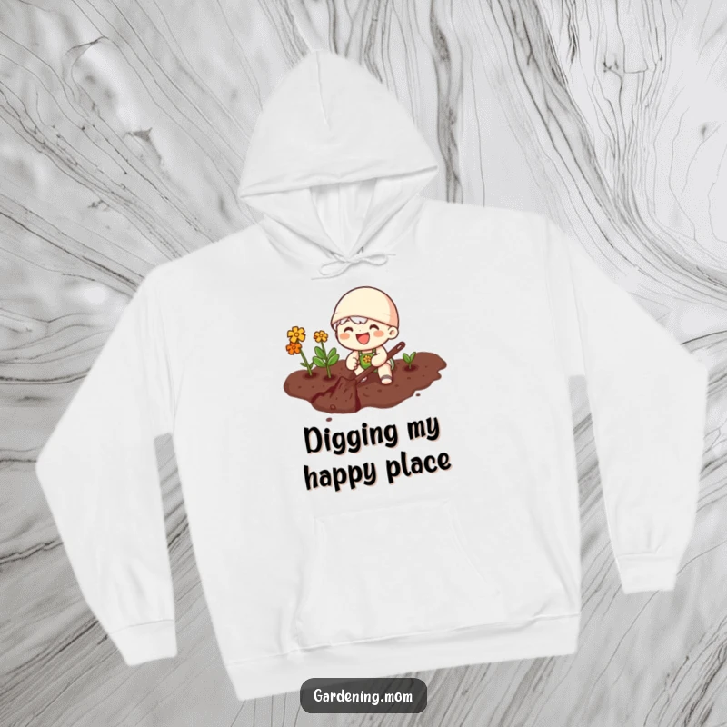 Funny hoodie depicting a joyful gardening character happily digging in rich soil, perfect for outdoor work or casual wear.