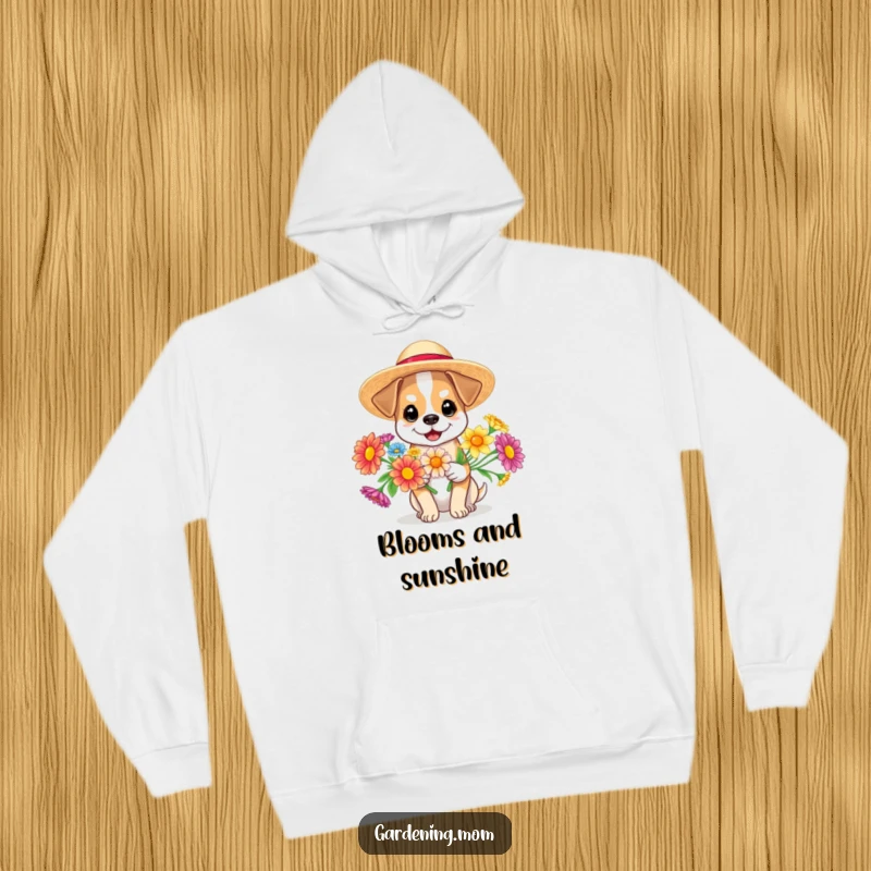 Funny dog wearing a sun hat and holding flowers, a cozy and humorous hoodie for summer lovers, funny gift.