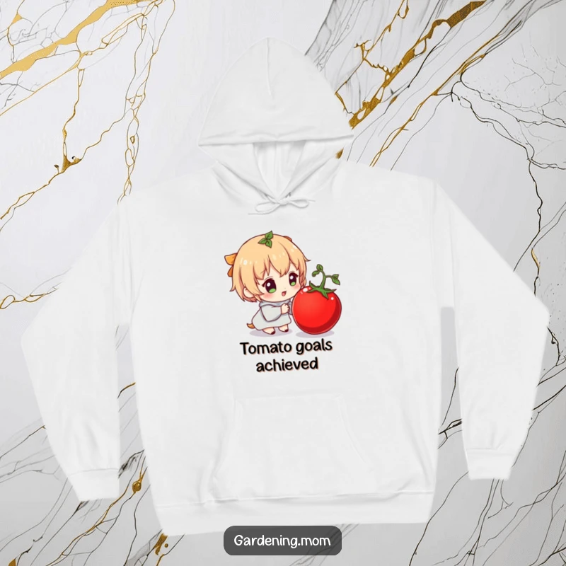 Funny hoodie displaying a character's ecstatic expression while looking at a plump, juicy tomato, a cozy and humorous design.