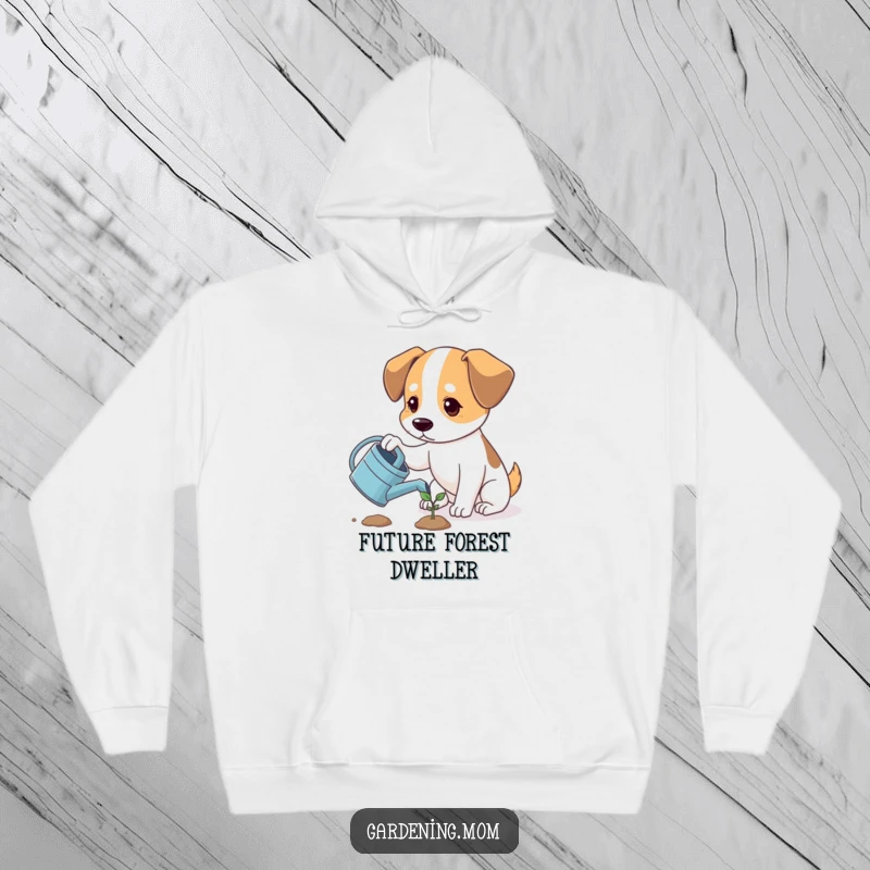 Funny dog watering a tiny sprout with a watering can, looking hopeful, a cozy and humorous apparel.