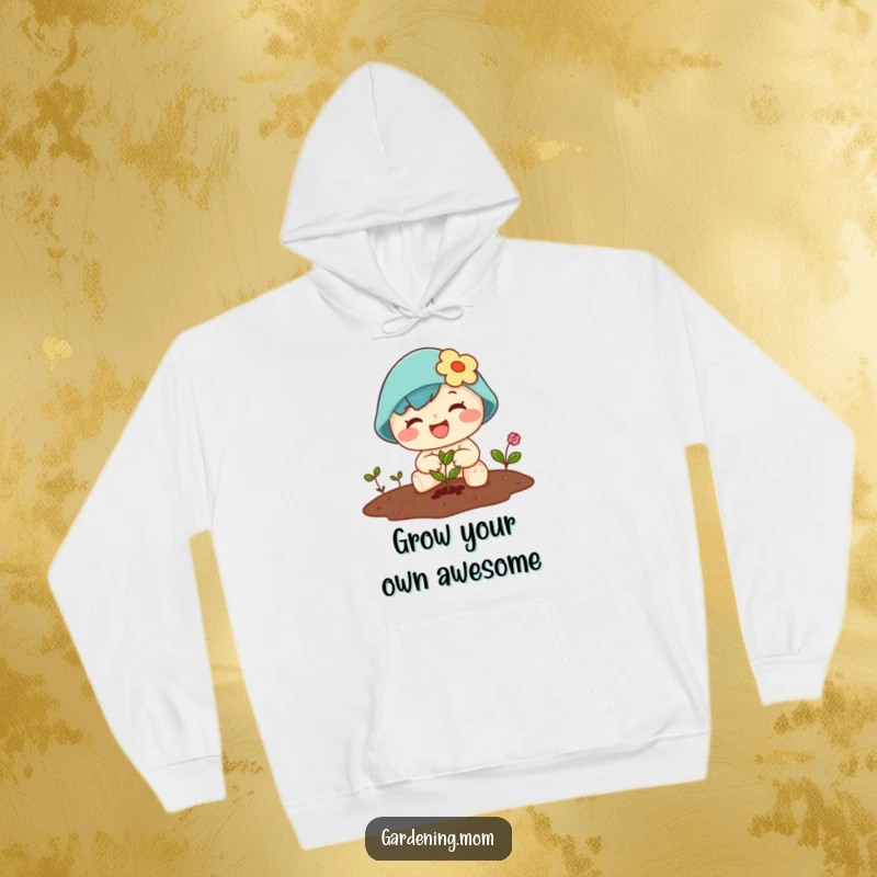 Funny Kawaii gardener hoodie showing a character happily planting a tiny seed, with gardening tools nearby.