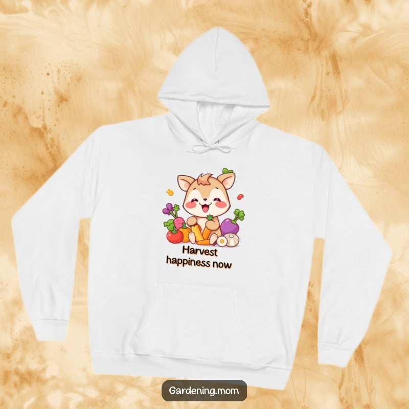 Funny Hoodie: A giggling animal character joyfully picking colorful vegetables, offering warmth and garden cheer.