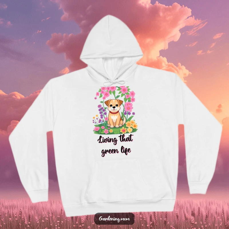 Funny hoodie depicting a relaxed dog sitting peacefully amidst a vibrant garden, surrounded by lush greenery.