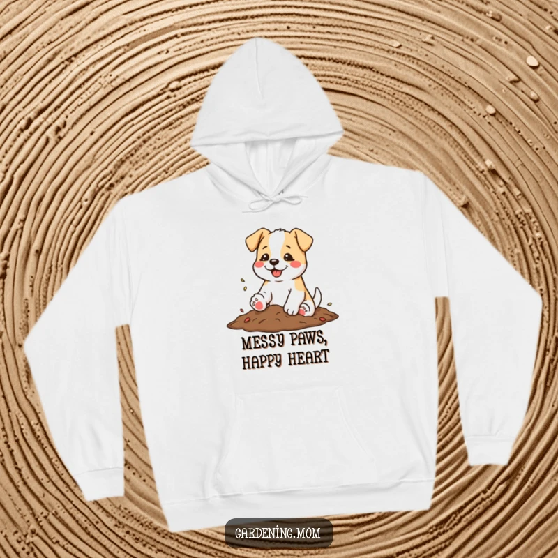Funny hoodie depicting a dog shaking soil from its paws with a satisfied wag, enjoying a moment of rest.